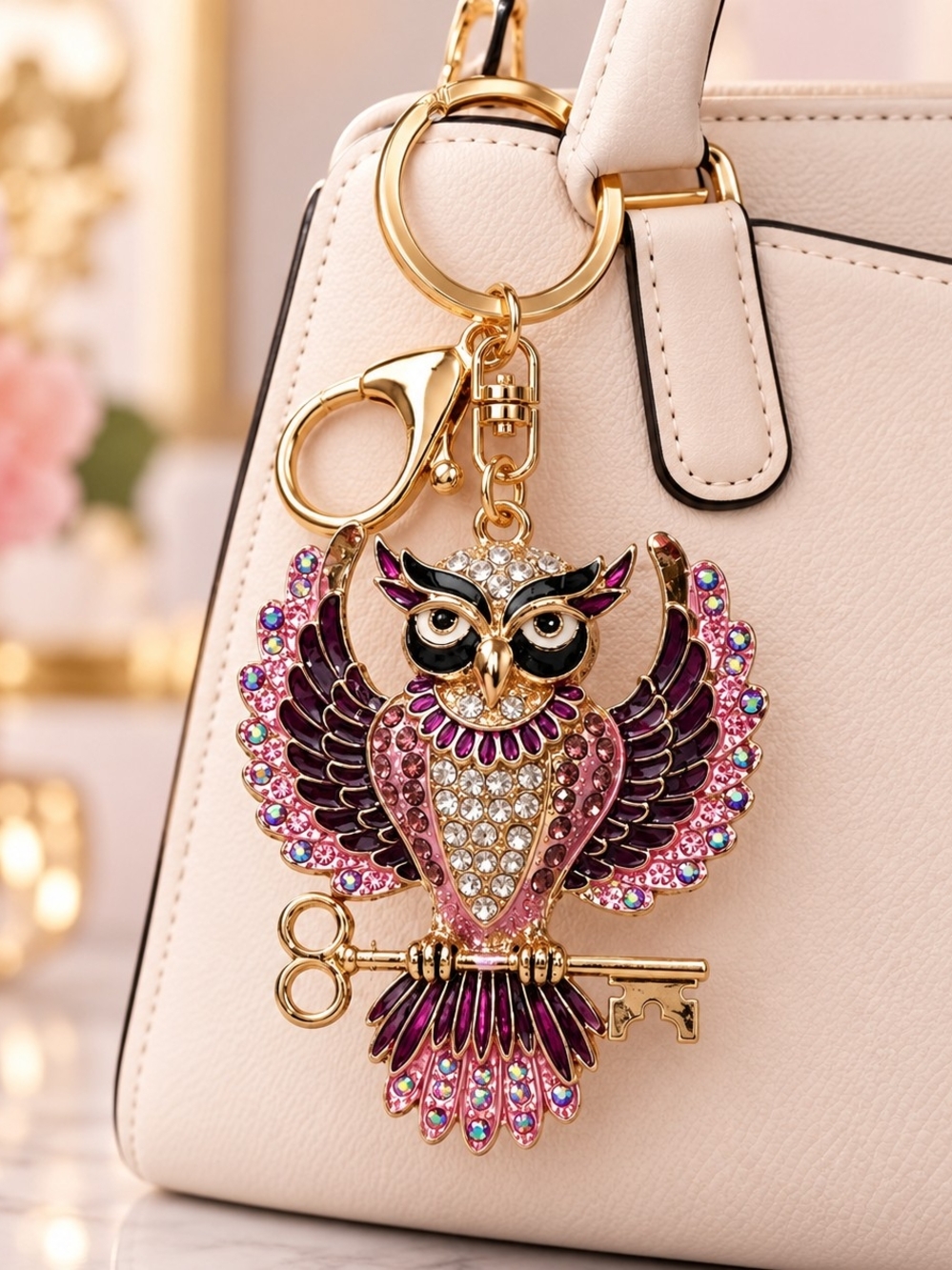 Crystal Owl Keychain Bag Charm in Pink and Purple - Luxury Accent